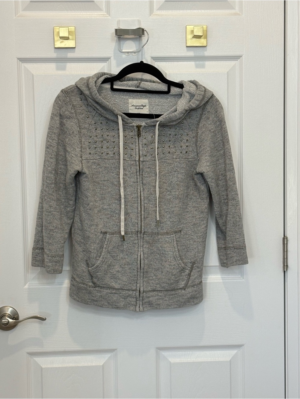 Vintage American Eagle Cozy Grey Hooded Zip Jacket with Stud Detail #1528